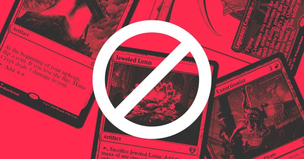 Photo collage of four banned Magic: The Gathering cards with a banned symbol.